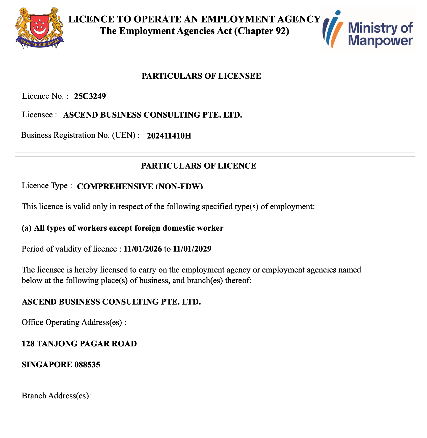 Ascend Business Consulting Pte. Ltd. — MOM Employment Agency Licence No. 25C3249, Comprehensive (Non-FDW), UEN 202411410H, valid 11 Jan 2026 to 11 Jan 2029